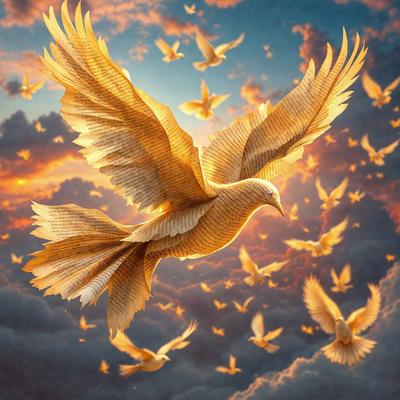 The primary subject of the image is a large, colorful bird with a long tail, flying through a cloudy sky. The bird is surrounded by a multitude of birds, creating a lively and dynamic scene. The setting is a cloudy sky, which adds to the overall atmosphere of the image. The visual style is a combination of photo and digital art, creating a vibrant and eye-catching illustration. The colors and mood of the image are predominantly warm and inviting, with the bird and its surr